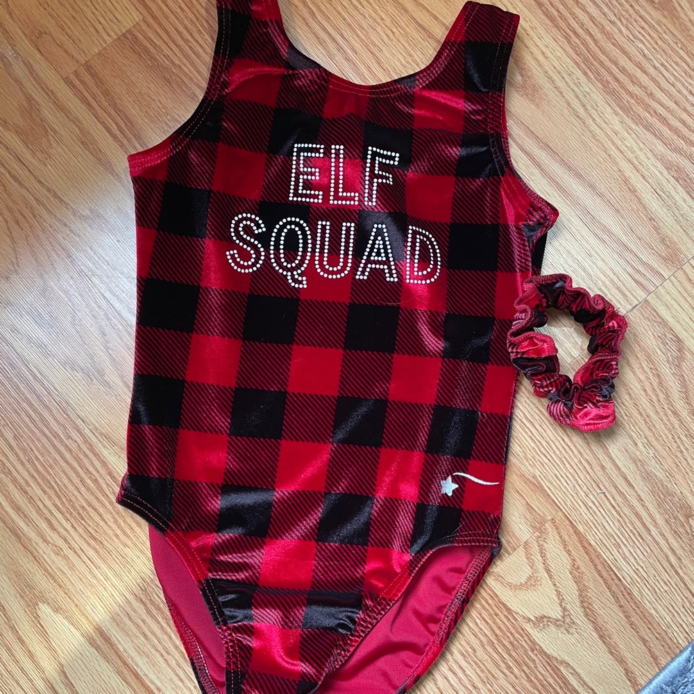 Red and Black Plaid 'Elf Squad' Leotard with Scrunchie